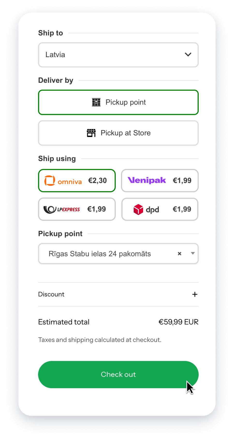 Pristatymo vežėjo ir atsiėmimo vietos pasirinkimas Shopify krepšelio puslapyje
