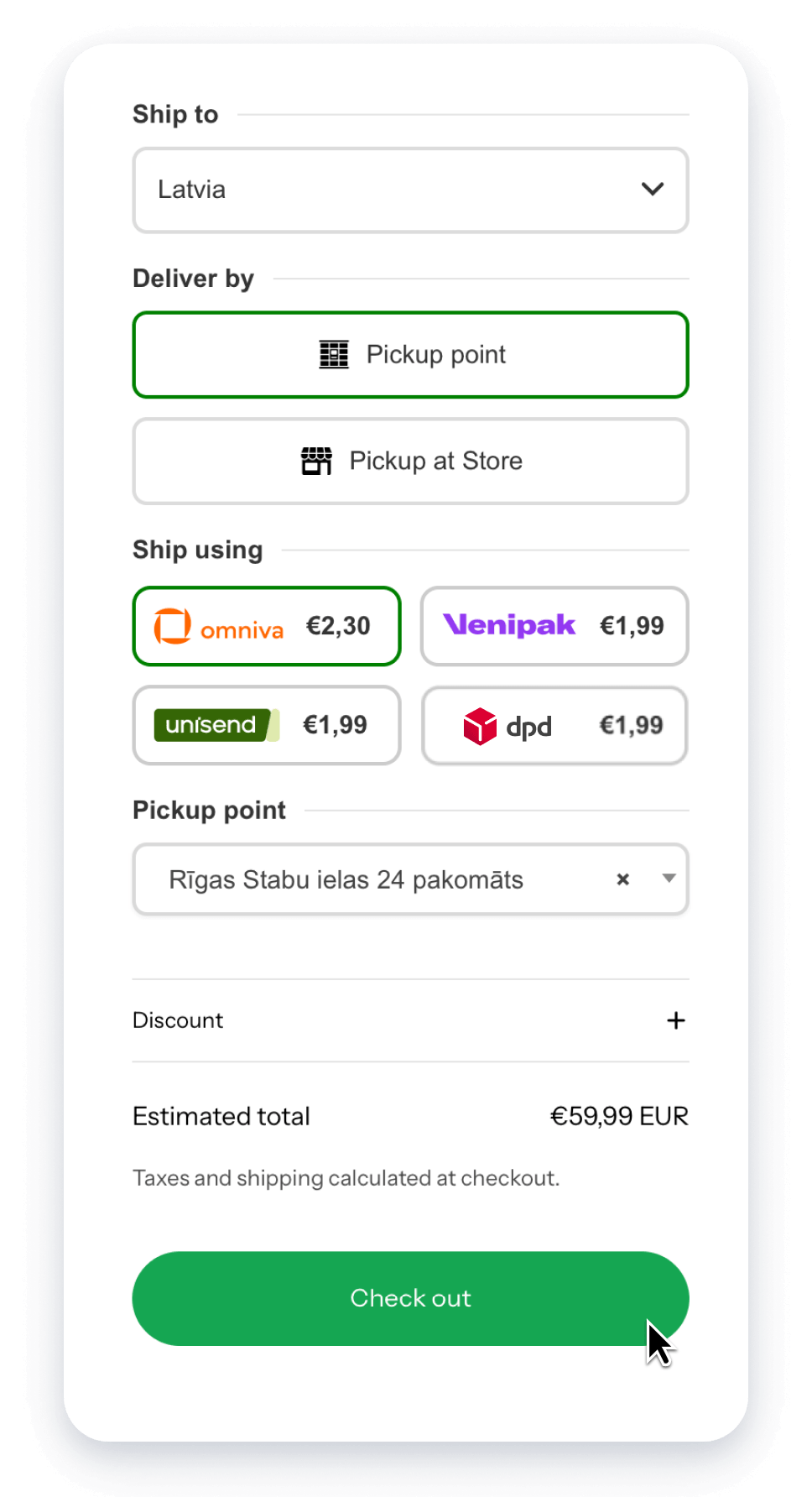 Piegādātāja un saņemšanas punkta izvēle Shopify pirkuma plūsmā