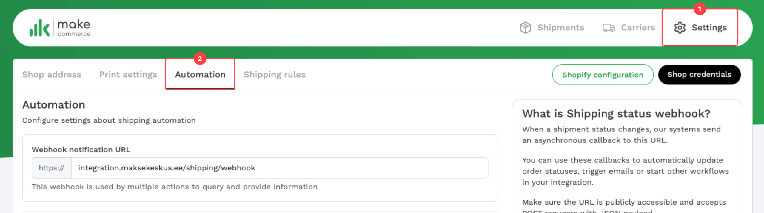 Settings izvēlne un Automation cilne MakeCommerce Shipping lietotnē