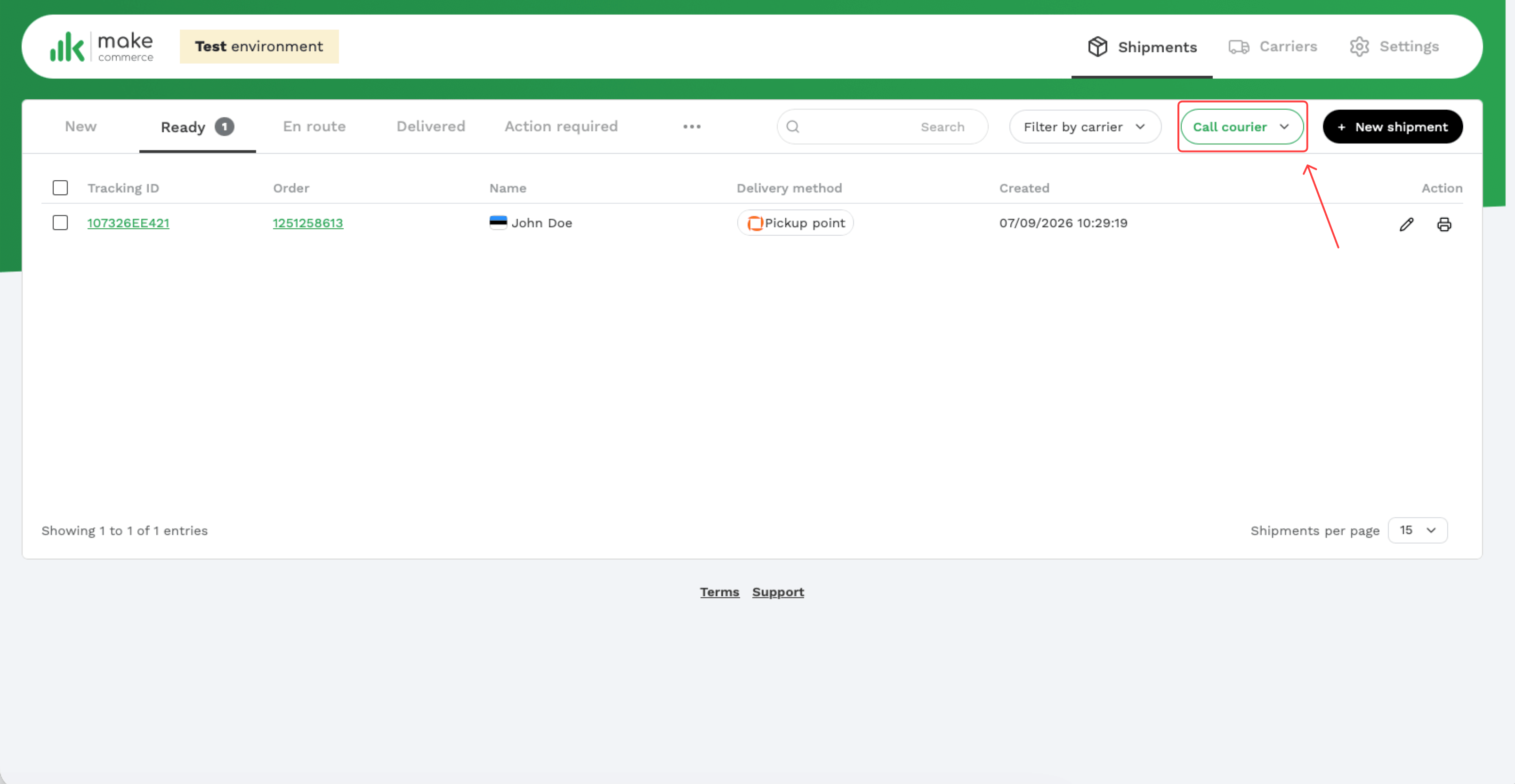 Call courier button at the top of the shipment list
