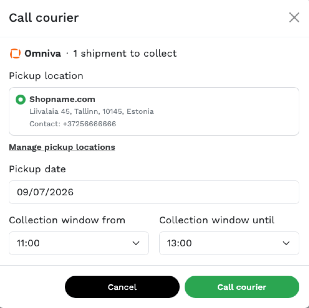 Call courier dialog with pickup location, date and time window