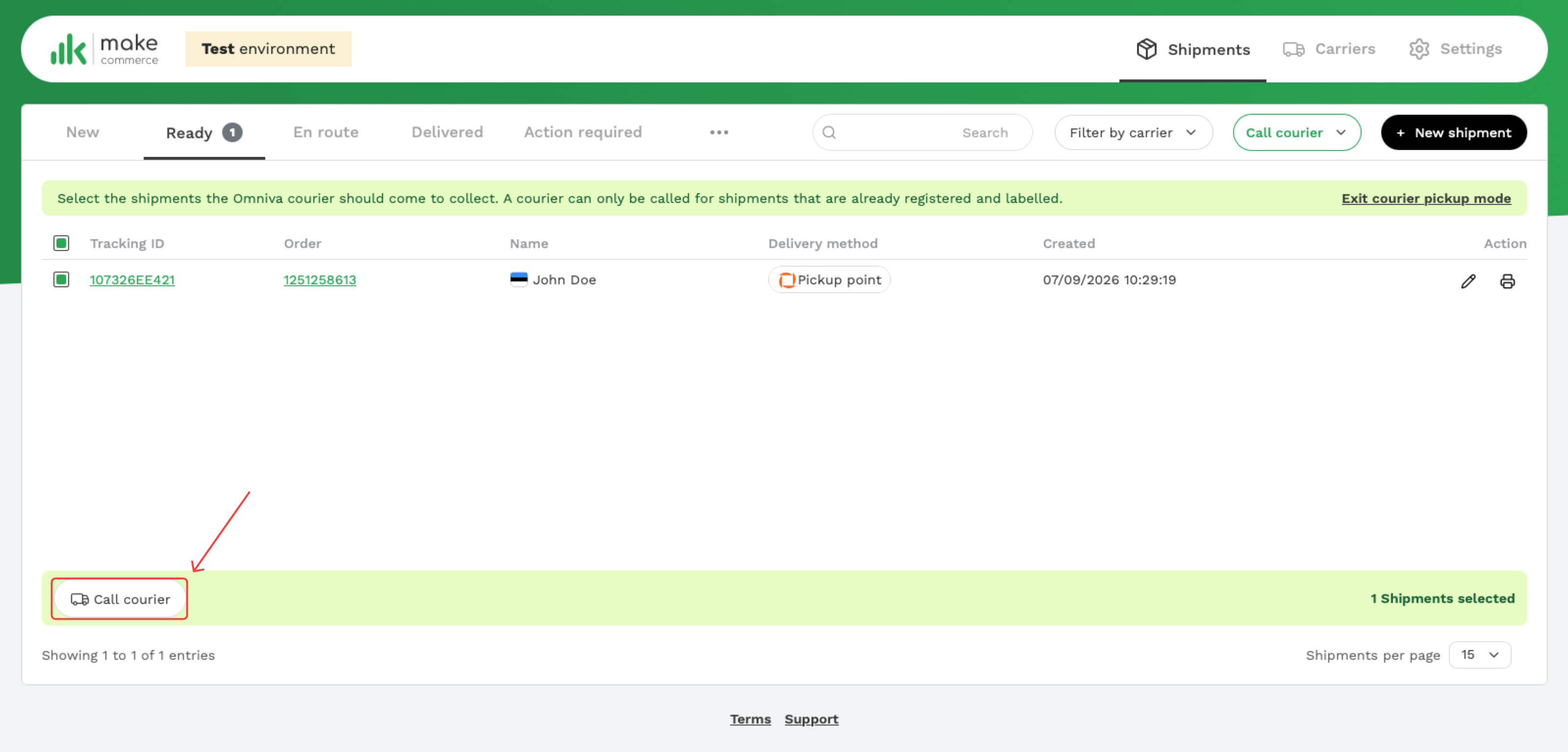 Selecting shipments for collection and the Call courier button at the bottom of the list