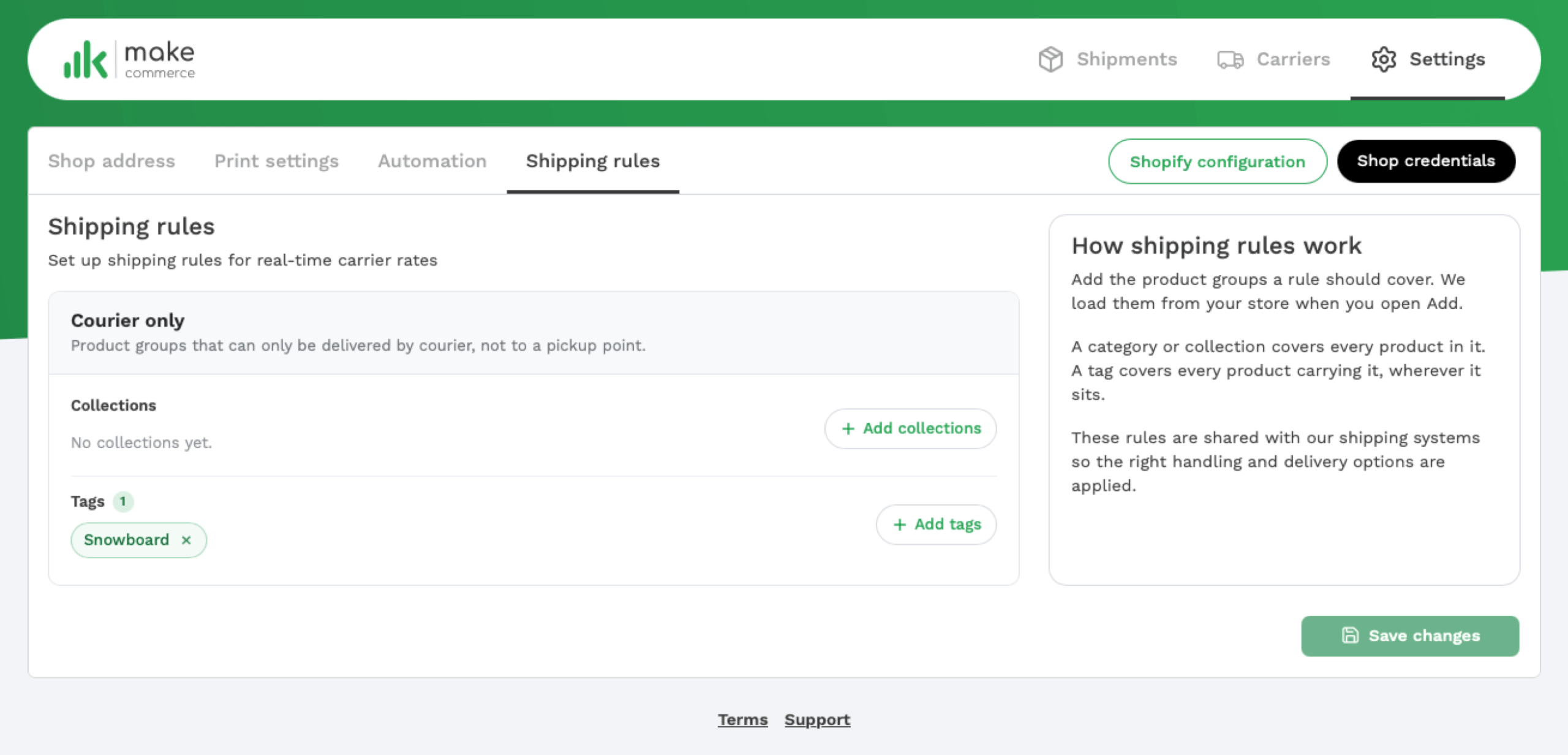 Shipping rules cilne ar Courier only kartīti un pogām Add collections un Add tags